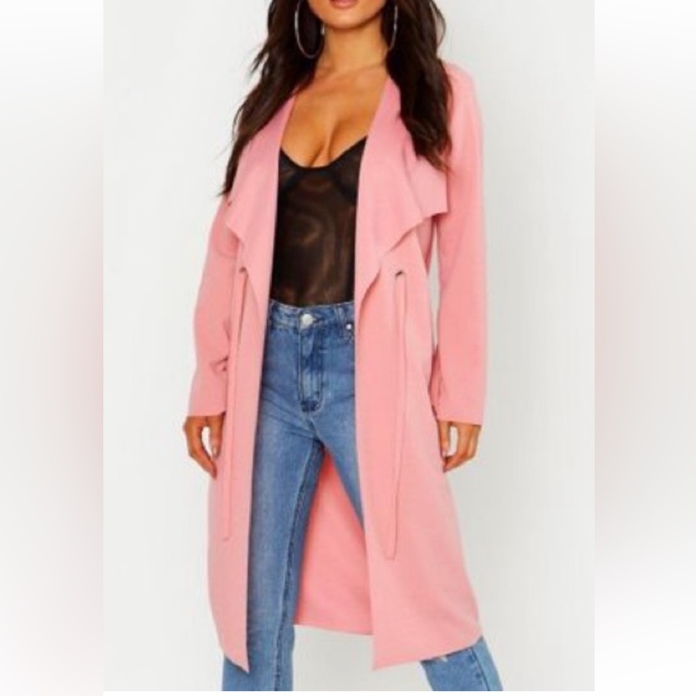 BOOHOO Pink Felt Long Coat With Belt Says OS But Size Is XSmall NWT